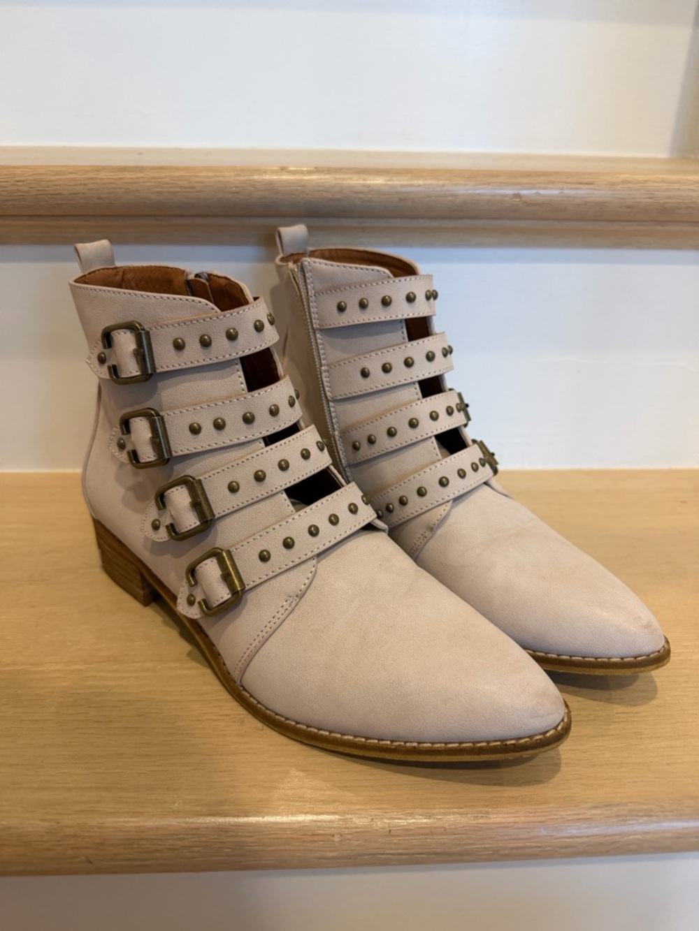 Women's Beige Studded Buckle Ankle Boots